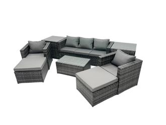 Fimous Outdoor Coffee Table Sofa Set with 2 Side Tables 2 Big Stools in Dark Grey
