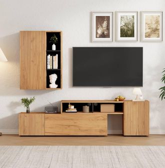 Merax Modular TV Wall Unit Set - Flexible Extending TV Stand & Wall Cabinet in Natural