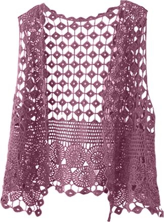 Generic Womens Crochet Hollow Out Sleeveless Open Front Boho Vest Cardigan Solid Color Floral Crochet Lace Boho Trim Sleeveless Vest Cardigan Vest Jacket Croc