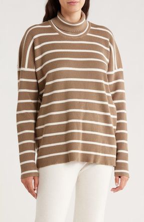 Splendid x Cella Jane Stripe Ribbed Turtleneck Sweater in Snow/Toast Stripe at Nordstrom Rack, Size X-Small