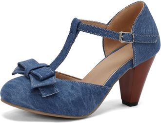Generic Women Denim T Strap Pumps Round Toe Pointed Heel Bow Decor Adjustable Buckle Ankle Strap Cutout Non Slip Durable Comfortable Dress Party Shoes,Blue,3.