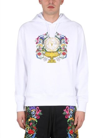 Versace Jeans Couture Drawstring Hooded Sweatshirt With Floral Logo Print