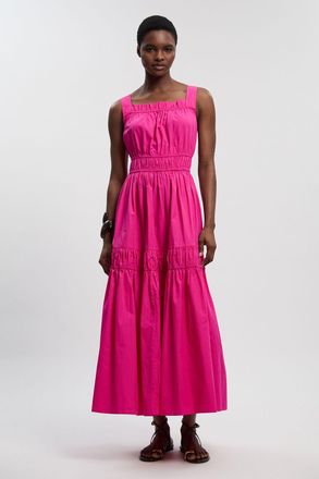 Karen Millen Womens Shirred Cotton Tiered Woven Strappy Maxi Dress - Pink - Size 16 UK