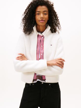 Tommy Jeans Sweatjacke TOMMY JEANS TJW REG SH S-FLAG TEDDY ZIP THRU, Damen, Gr. XL (42), ancient wei&szlig;, Pl&uuml;sch, Obermaterial: 100% Polyester, unifarben, regular fi