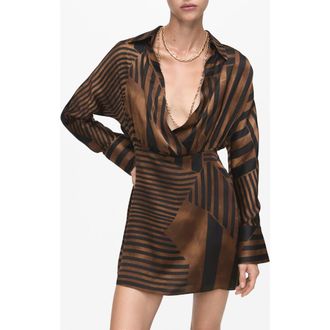 Mango Mixed Stripe Long Sleeve Satin Mini Shirtdress in Brown at Nordstrom Rack, Size 10