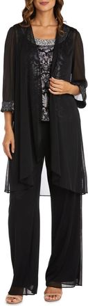 R & M Richards 3-Piece Beaded Neck Duster Pants Set In Black Silver