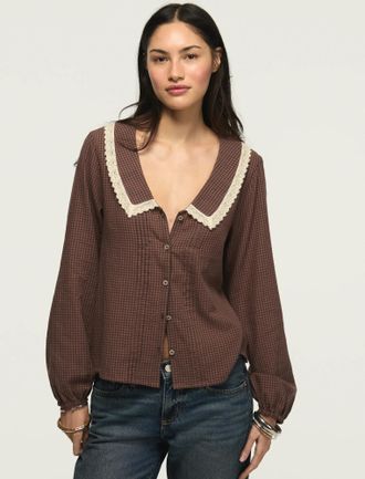 Lucky Brand Womens Long Sleeve Peter Pan Collar Top