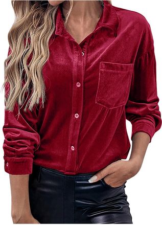 Generic Ladies Tops Womens Velvet Shirts Retro Long Sleeve Tops Button Down Shirt Blouses Office Work Business Formal Shirts Regular Fit Vintage Elegant Tunic