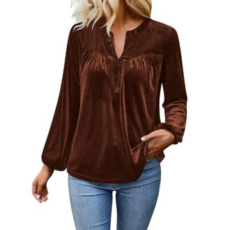 Generic Velvet Tops for Women Elegant Button Down V-Neck Blouse Casual Dressy Long Sleeve Velour Shirts Puff Pleated Tops Work Office Shirts Ladies Slim Fit C