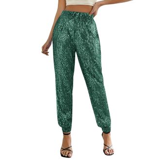 Generic Sequin Trousers for Women UK Elastic Hight Waist Sparkly Flare Pants Cuffed Glitter Palazzo Pants Casual Straight Wide Full Length Trousers Party Stre