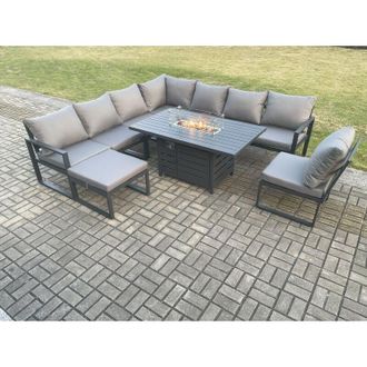 Fimous Aluminium Lounge Corner Sofa Outdoor Garden Furniture Sets Gas Fire Pit Dining Table Set with Big Footstool Dark Grey - Fimous