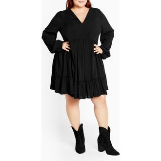 City Chic Mira Long Sleeve Tiered Minidress in Black at Nordstrom, Size Xxl