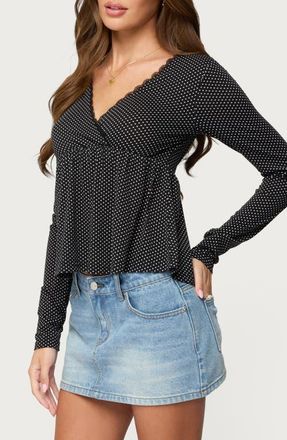 Edikted Kenzie Polka Dot Lace Trim Babydoll Top in Black-And-White at Nordstrom, Size X-Small
