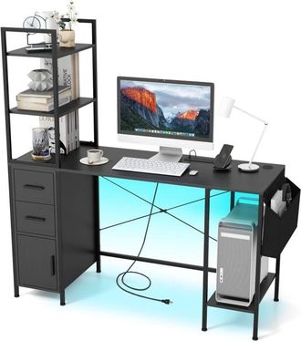 Costway Scrivania con Libreria e Luci LED a Telecomando, Scrivania da Ufficio con Prese di Corrente, 2 Cassetti, 4 Ripiani e Anta, Scrivania per PC