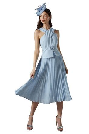 Coast Petite Cross Over Pleated Midi Dress in Light Blue at Nordstrom, Size 8P