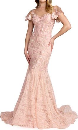 Mac Duggal Embroidered Lace Trumpet Gown with Flutter Sleeves in Blush at Nordstrom, Size 10