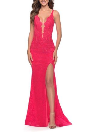La Femme Stretch Lace Gown with Slit and Open Keyhole Back in Hot Coral at Nordstrom, Size 00