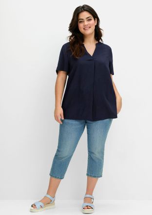 Sheego Longbluse SHEEGO, Damen, Gr. 40, blau (tiefblau), 100% Viskose, unifarben, V-Ausschnitt, Blusen Longbluse