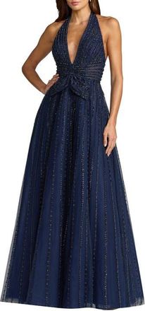 Mac Duggal Beaded Halter Neck Open Back Gown in Midnight at Nordstrom, Size 12