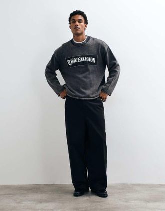 True Religion maglione lavorato a maglia girocollo con applicazione in denim nero