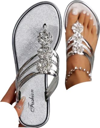 Generic Womens Sparkly Flip Flops Summer Trendy Sparkly Sandals Bling Cute T Strap Dress Sandal for Women 2026 Elegant Casual Silver Beach Bling Floral Patter