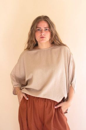 Kalalou Short-Sleeve Blouse With Button On Sleeves - Oatmeal