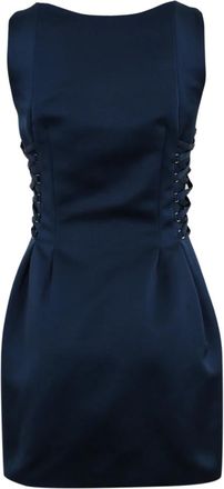 Elisabetta Franchi Blauwe Satijnen Jurk met Boot Hals - Dames - Korte kleedjes - Blauw - L - Satijn - Kleedjes