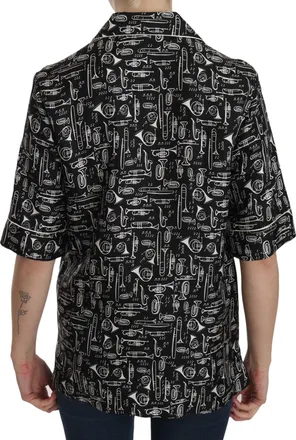 Dolce & Gabbana Black Musical Instrument Print Silk Womens Top