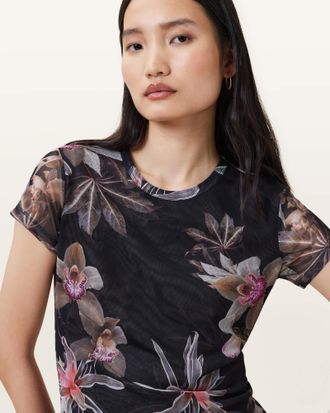 AllSaints Polyester Ellie Mesh Floral Print Slim T-Shirt, Size: UK 8/US 4
