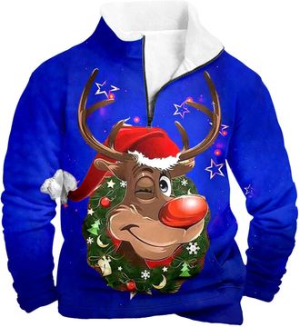 Generic Christmas Jumpers for Men Christmas Jumper 2025 Funny Reindeer Sweatshirt Snowflakes Printed Sweater Fleece Lined Pullover 1/4 Zip Xmas Jumper Long Sl