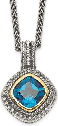 Diamond2Deal Sterling Silver with 14K Accent Cushion Bezel London Blue Topaz Pendant Necklace