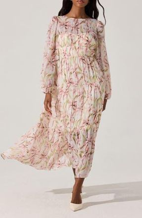 ASTR the Label Floral Long Sleeve Tiered Dress in Pink Floral at Nordstrom Rack, Size Medium
