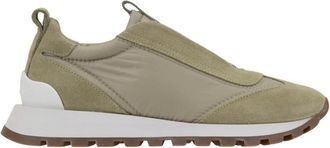 Brunello Cucinelli Su&egrave;de en stoffen vetersneakers - Dames - Sneakers - Groen - 39 1/2 EU - Su&egrave;de - Schoenen