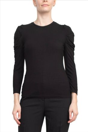 Catherine Malandrino Crewneck Long Sleeve Ruched Shoulder Solid Knit Top In Black