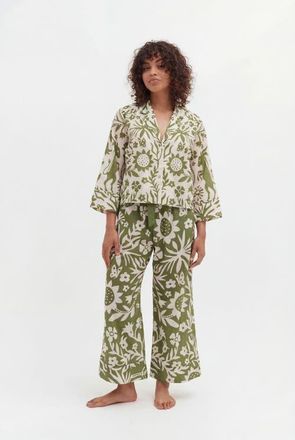 Desmond & Dempsey Boxy Shirt & Wide Leg Set in Fabelei Cream/green at Nordstrom, Size Medium Uk