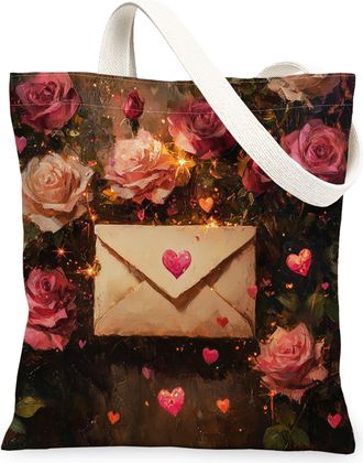 Generic Floral Canvas Tote Bags, Heart Envelope Design Reusable Grocery Bags, Vintage Lightweight Washable Shoulder for Travel 13x15 Inch