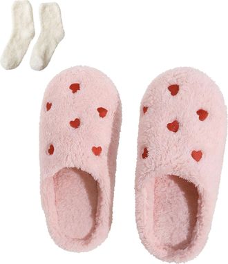 Generic Heart Plush Slippers Women Men, Winter Cozy House Slides, Fuzzy Fluffy Shoes With Socks (Pink, M, Adult, Women, 9, Numeric Range, UK Footwear Size Sys