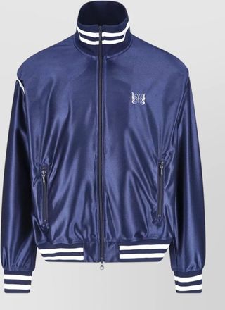 Needles jacket high collar striped ribbed cuffs pockets