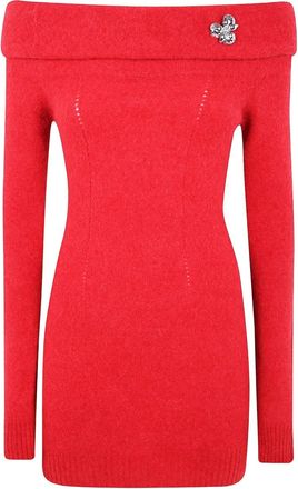 Blumarine off-shoulder flower-embellished dress - Red