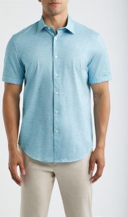 Bugatchi Miles OoohCotton Space Dye Short Sleeve Button-Up Shirt in Teal at Nordstrom, Size Xxx-Large