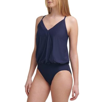 Calvin Klein Womens Blouson V-Neck One Piece Swimsuit, Navy, 10