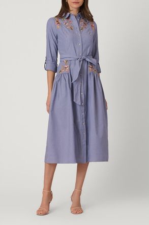 Shoshanna Embroidered Pinstripe Caldwell Dress in Lapis Multi at Nordstrom, Size 14