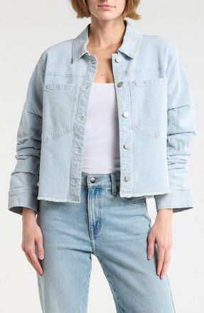 Democracy Stripe Ruched Sleeve Denim Jacket in Powder Blue at Nordstrom Rack, Size X-Small