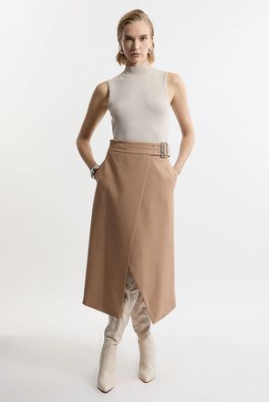 Karen Millen Compact Stretch Wrap Over Belted Tailored Maxi Skirt