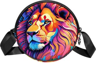 Generic Circle Crossbody Bag for Women, Color Drawing Lion Small Sling Bag Daypack with Zipper Adjustable Shoulder Straps Casual Ladies Girls Round Purse