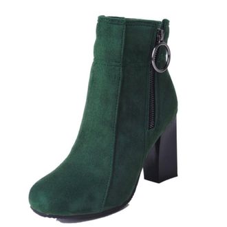 Generic Womens Ankle Boots Suede Leather Side Zip O-Ring Detail Block Heels Round Toe Comfortable Non Slip Durable for Daily Wear Party Street Fashion,Green,3