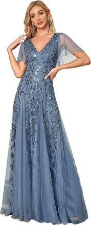 Ever-pretty Womens V Neck Short Sleeve A Line Elegant Shimmery Sequin Fashion Wedding Dress for Bride 28UK Denim Blue