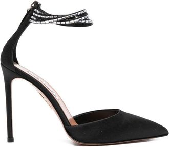 Aquazzura Pointed Toe Black Satin Ankle Strap Pumps
