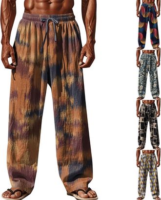 Generic Mens Yoga Beach Pants Wide Leg Printed Summer Pants Men Hippie Wide Leg Sweatpants Elastic Waist Baggy Trousers Hawaii Holiday Pant Patterned Yoga Hip