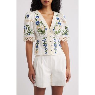 Farm Rio Countryside Land Embroidered Eyelet Cotton Top in Off-White at Nordstrom, Size X-Large